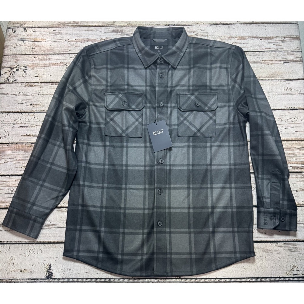 BYLT Basics Coastal Overshirt Plaid Flannel Charcoal Grey Men's XL NWT